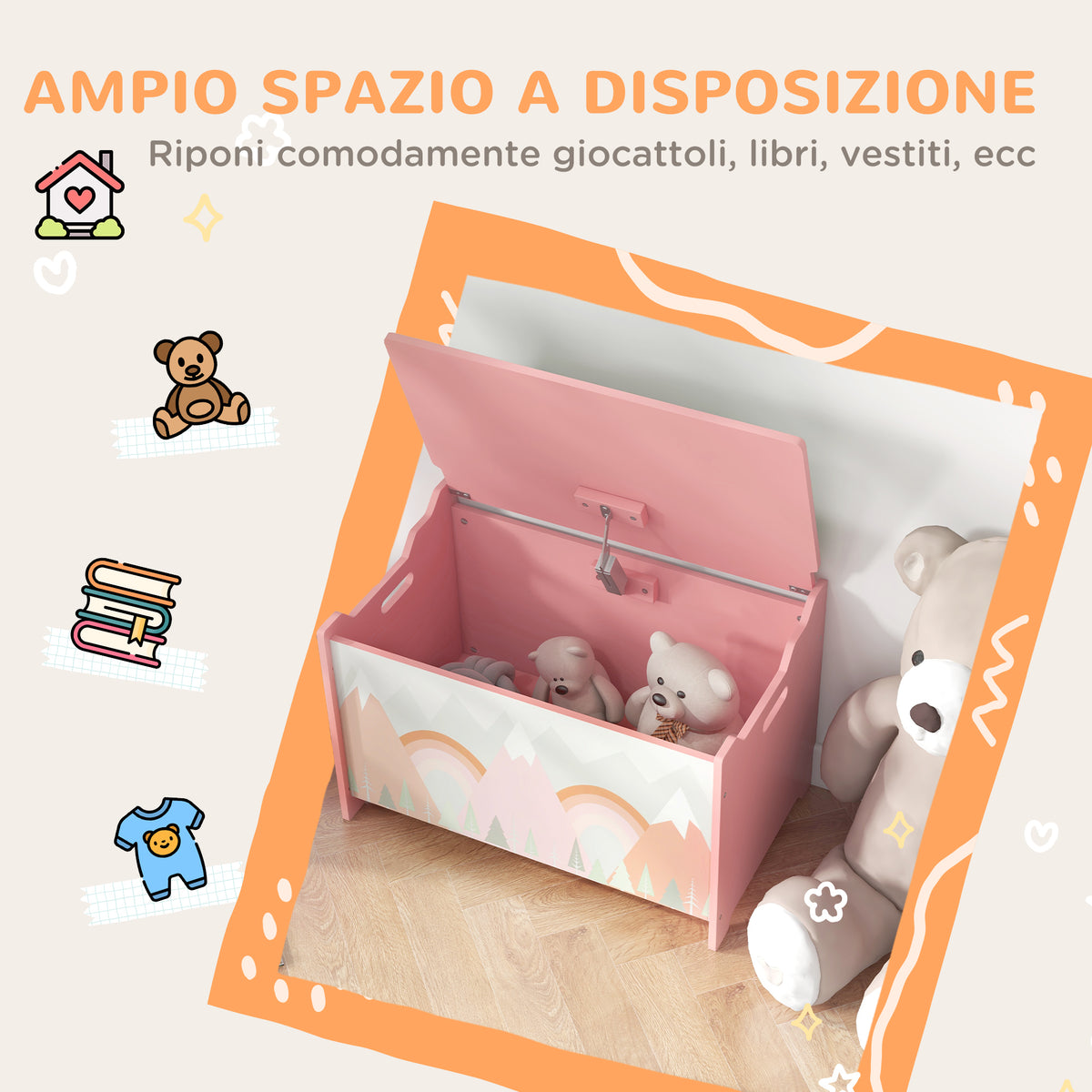 Baule Portagiochi per Bambini con Coperchio e Cerniera di Sicurezza in MDF, 60x37x39cm, Rosa