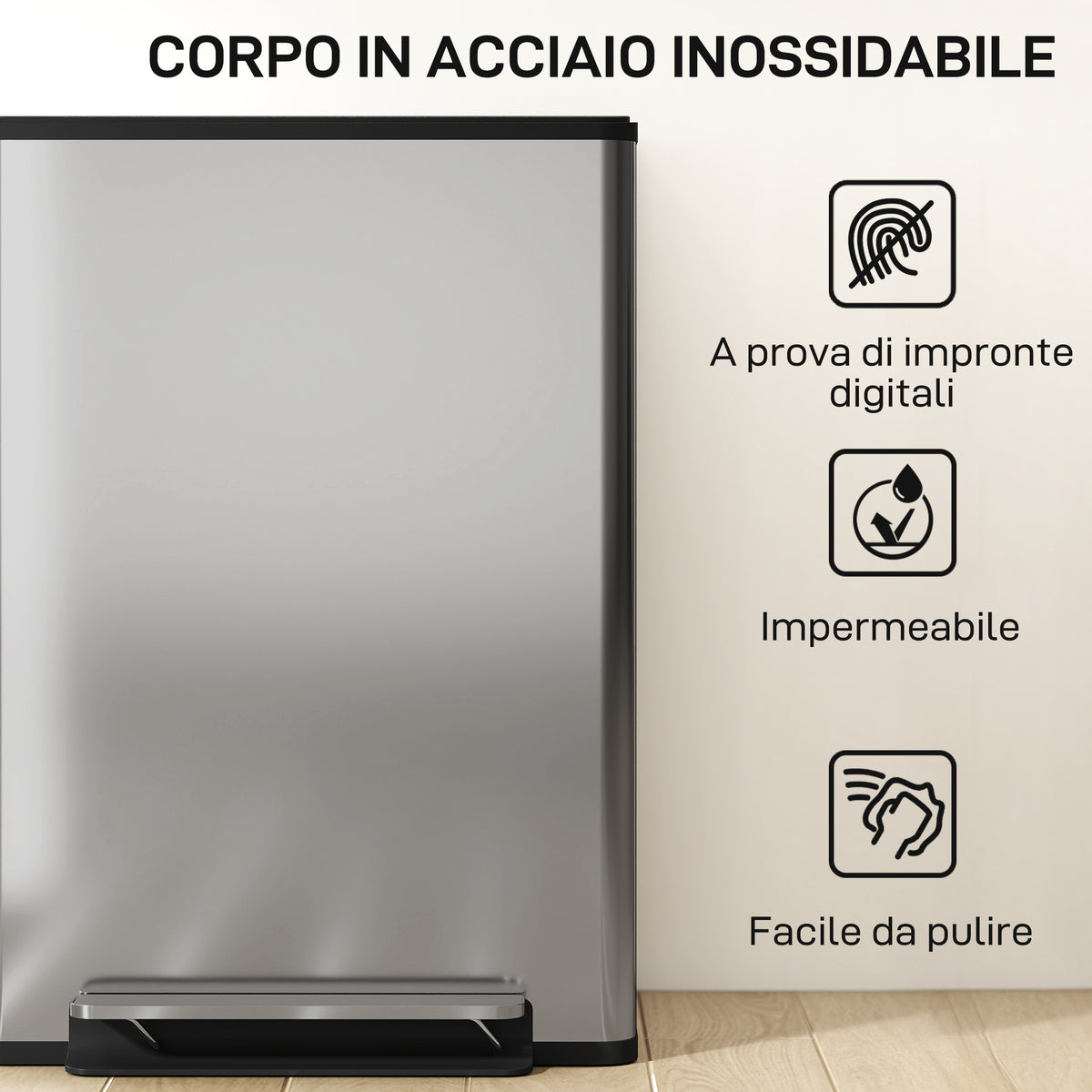 Pattumiera a Pedale con 2 Scomparti da 30L, Coperchio Ammortizzato e Secchi Rimovibili, Acciaio Inox, Argento