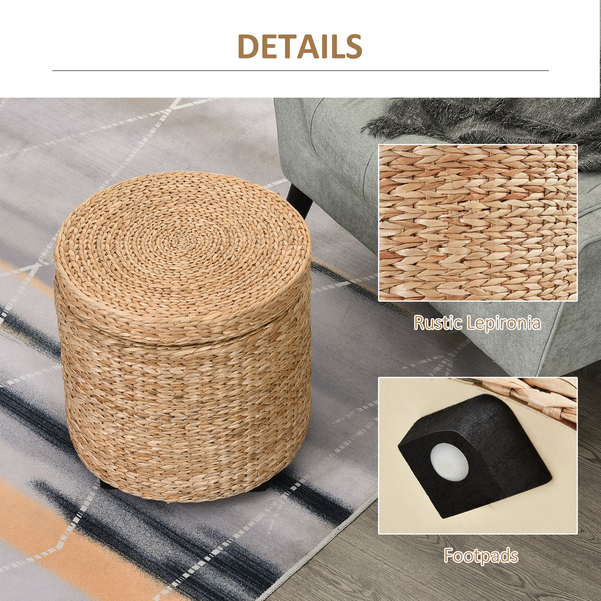 Pouf Contenitore Rotondo Stile Boho con Rivestimento Naturale, Tavolino da Salotto 43x43cm, Kaki
