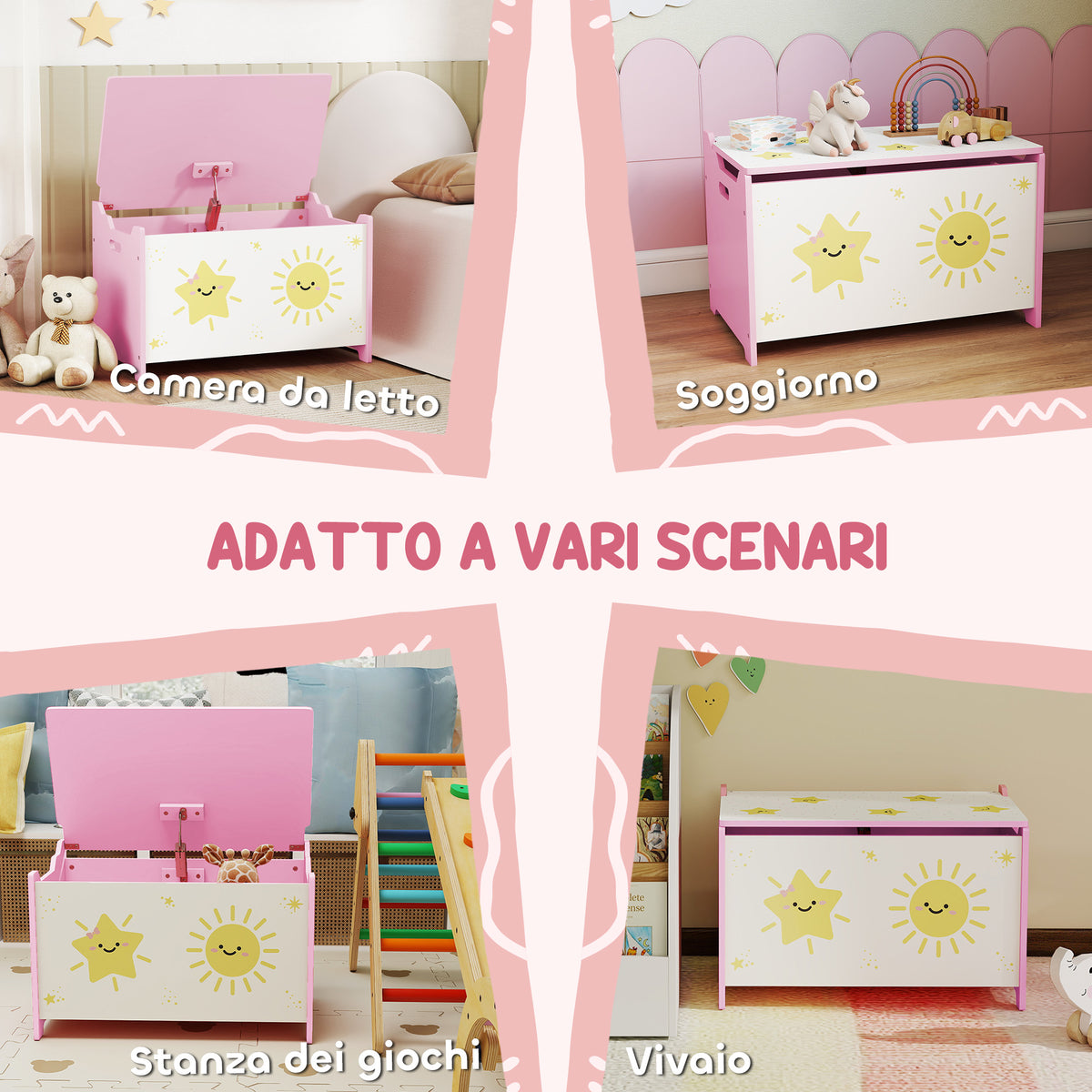 Baule Portagiochi con Coperchio per Bambini per Giocattoli e Vestiti, 60x37x39 cm, Rosa
