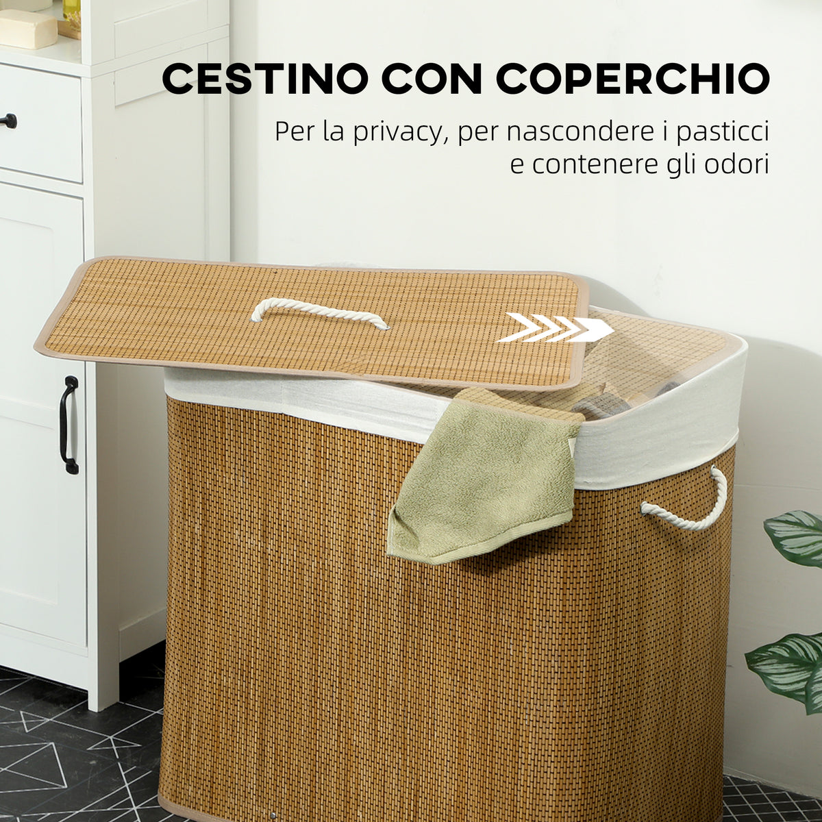 Cesto Portabiancheria in Bambù con Coperchio, 144L, 3 Scomparti, Sacca Removibile e Lavabile, Maniglie, Marrone