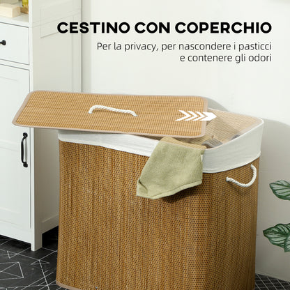 Cesto Portabiancheria in Bambù con Coperchio, 144L, 3 Scomparti, Sacca Removibile e Lavabile, Maniglie, Marrone