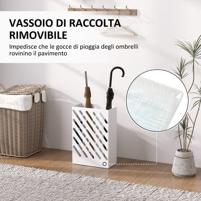 Portaombrelli di Design con Vaschetta Raccogli Gocce e 4 Ganci in Metallo, 28x14x41 cm, Bianco