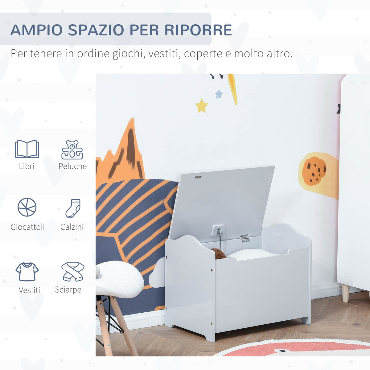 Cassapanca Portagiochi in Legno, Panca Contenitore per Cameretta Coperchio con Pistone Pneumatico, 60x40x48cm, Grigio