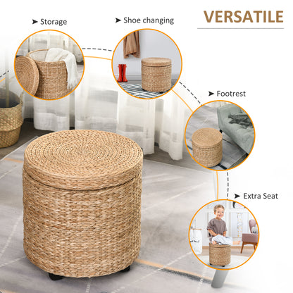 Pouf Contenitore Rotondo Stile Boho con Rivestimento Naturale, Tavolino da Salotto 43x43cm, Kaki