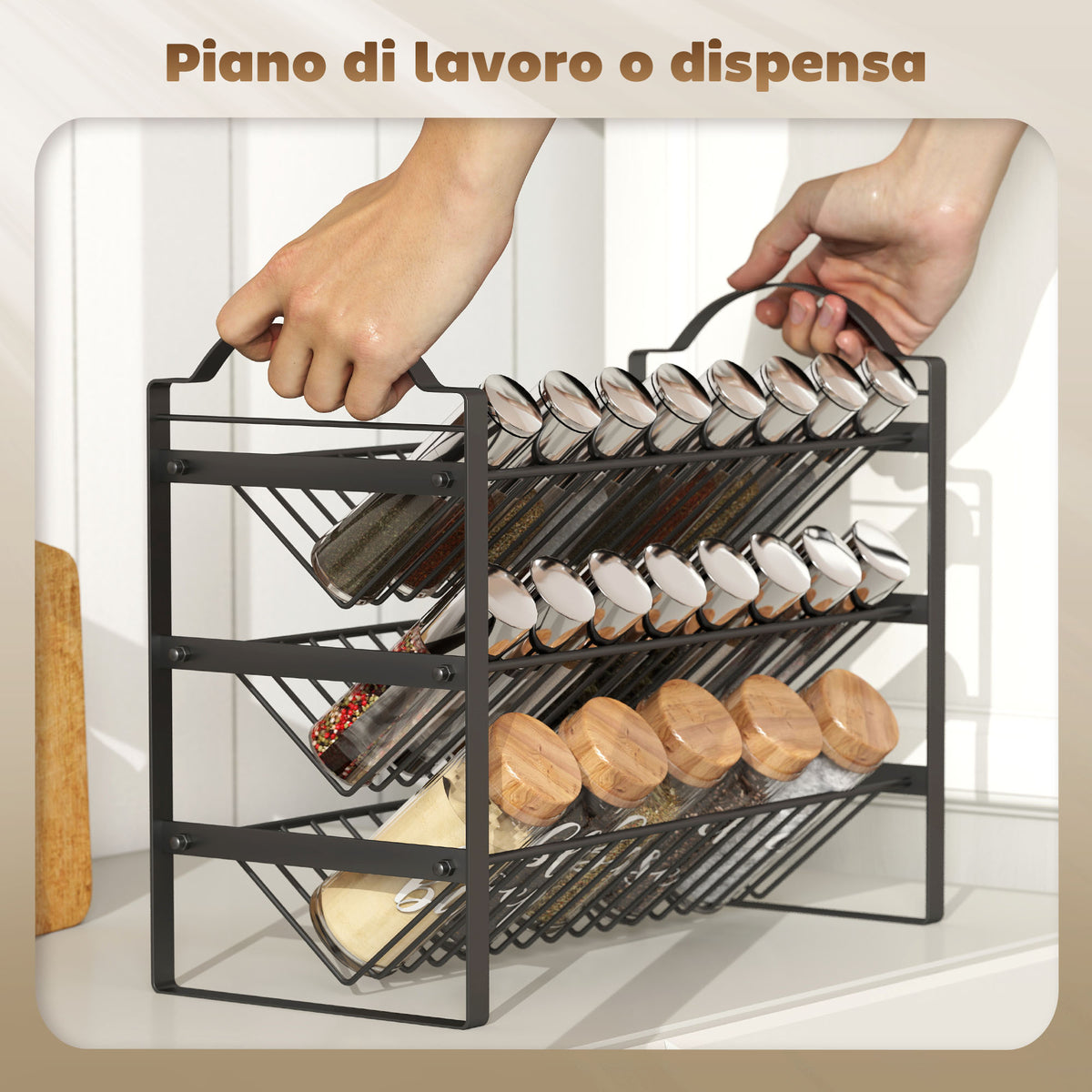 Portaspezie da Cucina a 3 Livelli, Organizer Salvaspazio con Ripiani Inclinati in Metallo, Nero