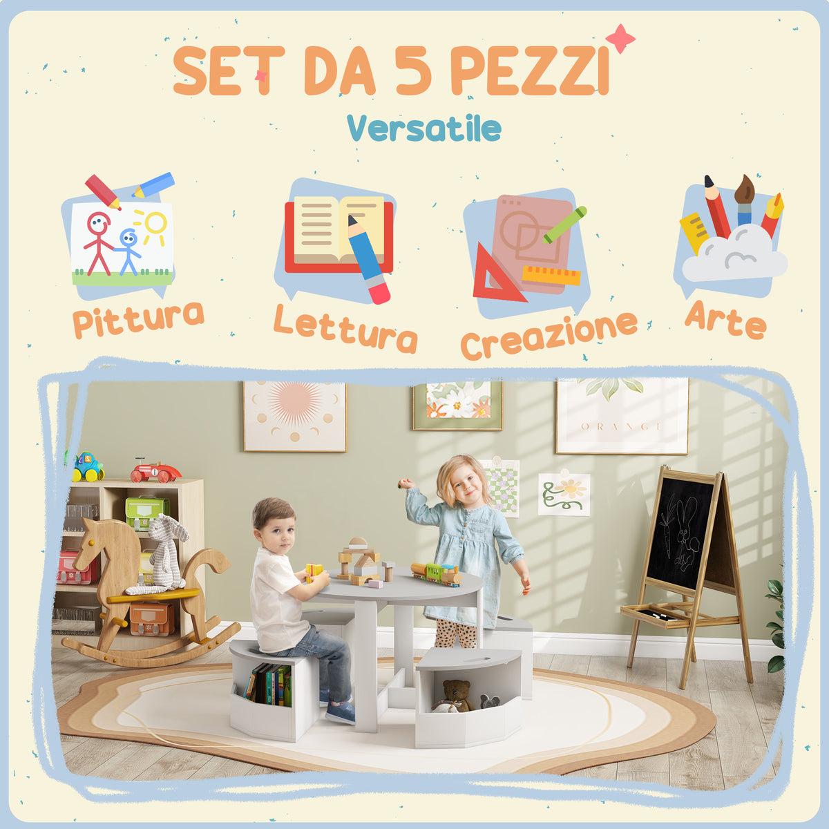 Set con Tavolo per Bambini e 4 Sgabelli Salvaspazio con Vano Contenitore in Legno, Grigio