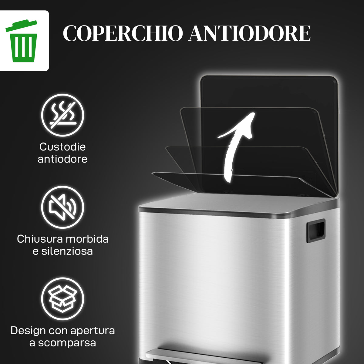 Bidone Immondizia a 2 Sezioni da 15L a Pedale con Coperchio Silenzioso, in Acciaio Inox e PP, 41.8x36.7x44 cm