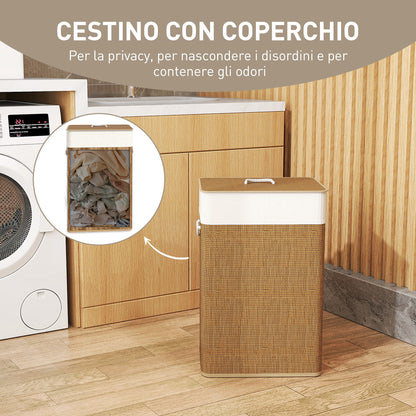Cesto Portabiancheria 72L con Coperchio in Bambù, Manici in Corda e Sacco Rimovibile, Marrone