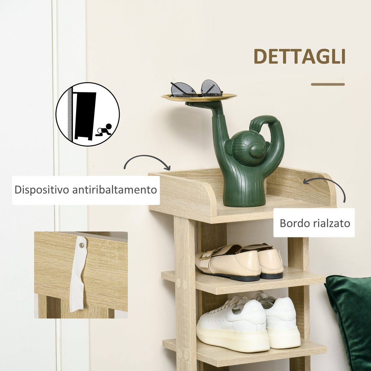 Mobile Scarpiera in Legno 6 Scarpe con Ripiano Porta Oggetti 32x30x104cm