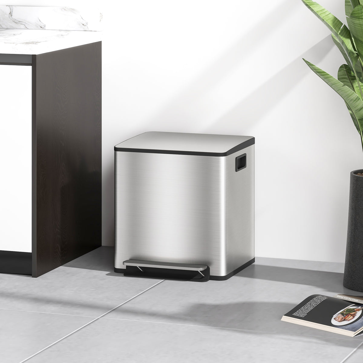 Bidone Immondizia a 2 Sezioni da 15L a Pedale con Coperchio Silenzioso, in Acciaio Inox e PP, 41.8x36.7x44 cm