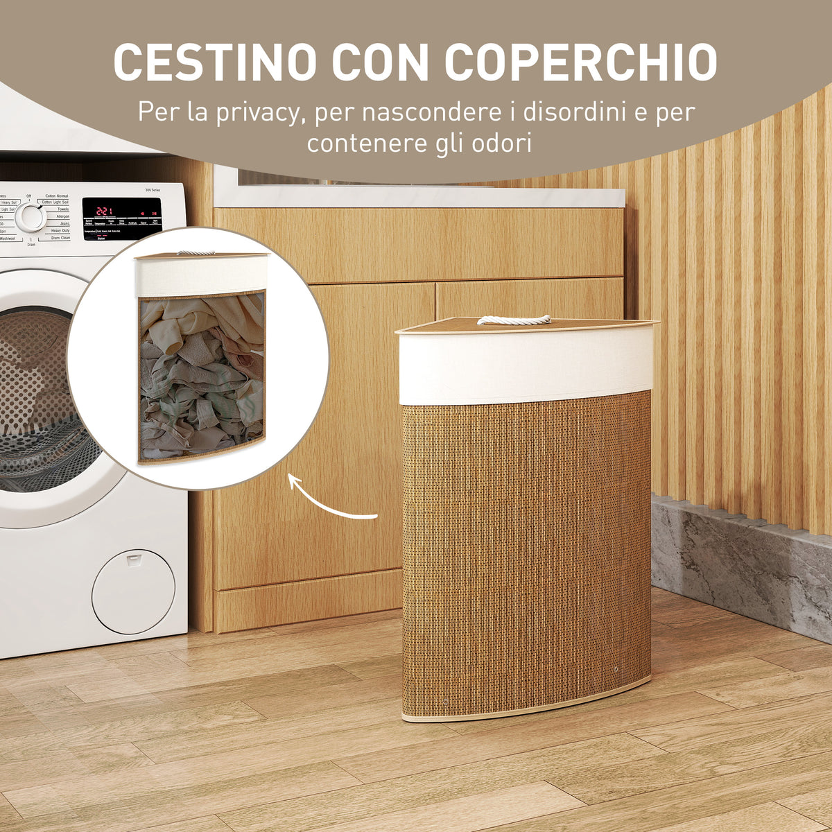 Cesto Portabiancheria Angolare in Bambù da 55L con Sacco Estraibile e Coperchio Removibile, 35x35x60 cm, Marrone