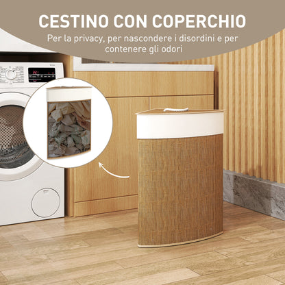 Cesto Portabiancheria Angolare in Bambù da 55L con Sacco Estraibile e Coperchio Removibile, 35x35x60 cm, Marrone