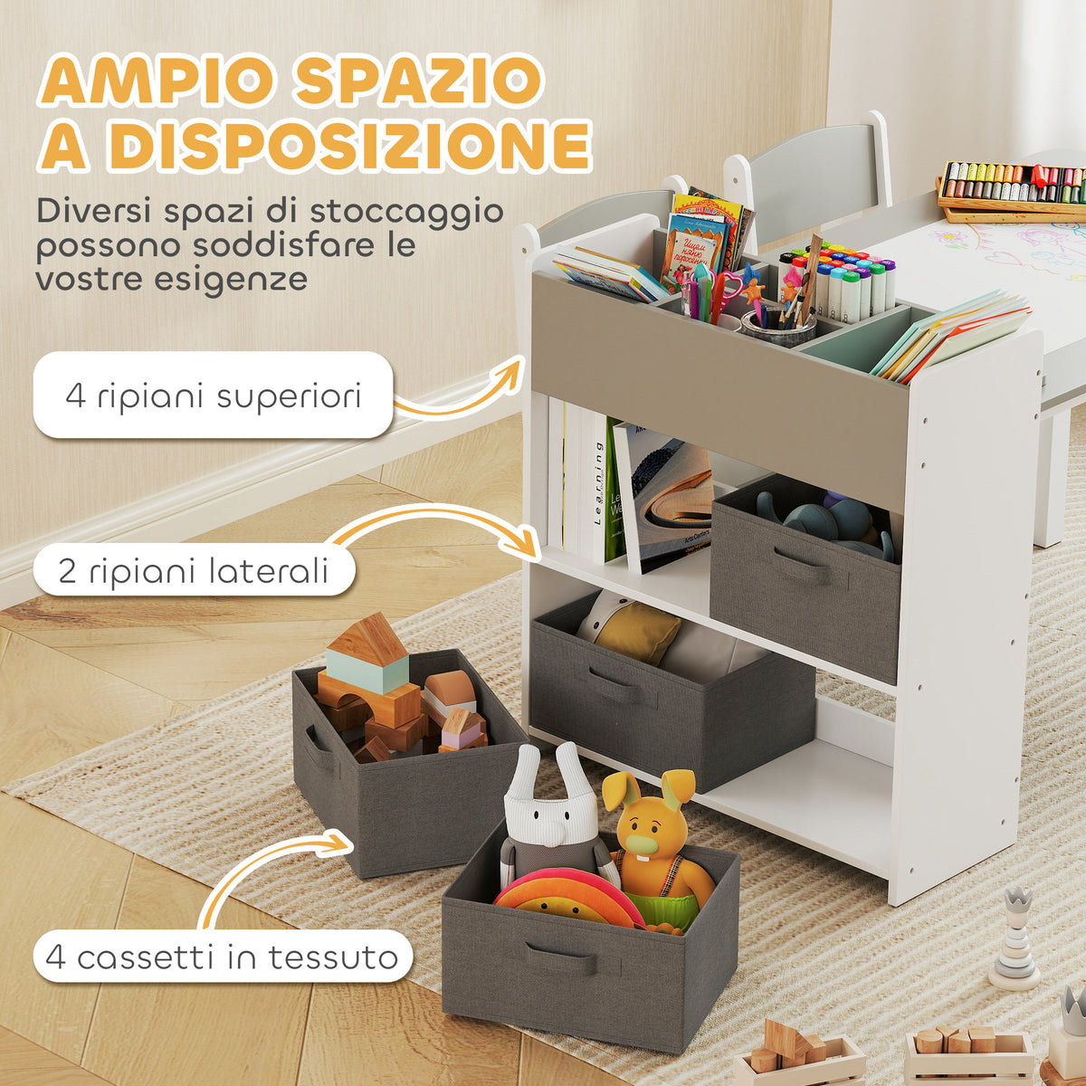 Set Tavolo e Sedie per Bambini con 2 Sedie e Tavolino Contenitore, in Legno e Tessuto non Tessuto, Grigio e Bianco