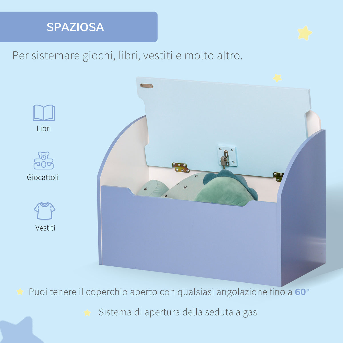 Panca Contenitore Portagiochi 2 in 1 in Legno, Cassapanca con Schienale per Bambini da 3-6 Anni, 60x30x50 cm, Blu