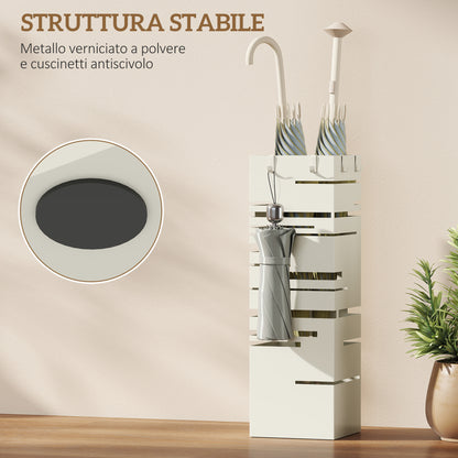 Portaombrelli Quadrato in Metallo con Vassoio Antigoccia Rimovibile e 4 Ganci, 15.5x15.5x49 cm, Beige