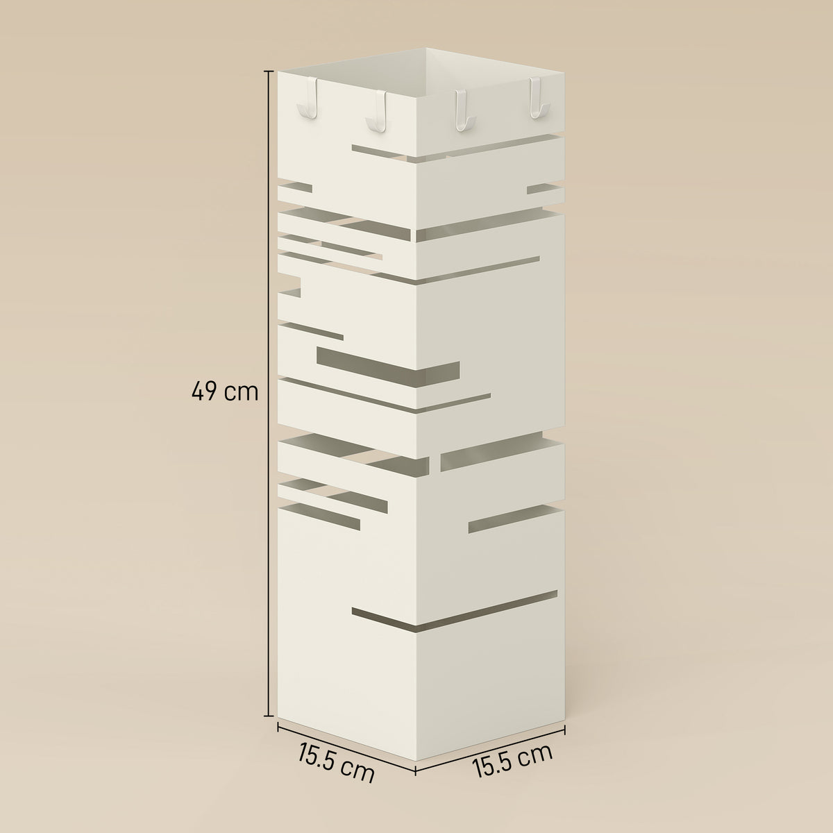 Portaombrelli Quadrato in Metallo con Vassoio Antigoccia Rimovibile e 4 Ganci, 15.5x15.5x49 cm, Beige