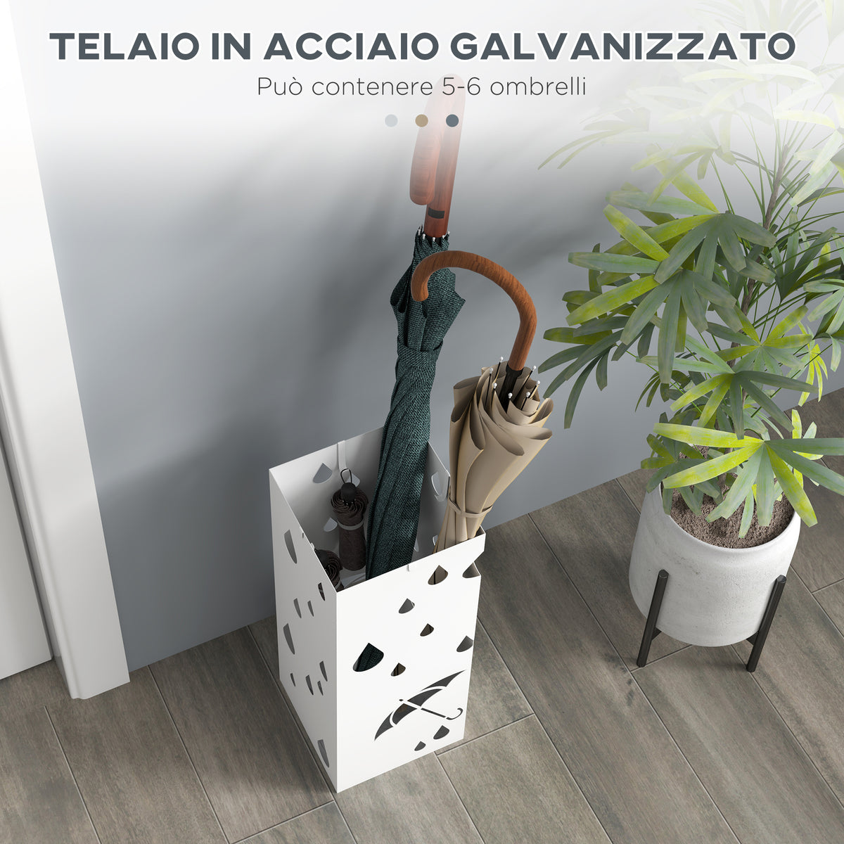 Portaombrelli in Metallo con 4 Ganci e Vaschetta Raccogligocce, 15.5x15.5x41cm, Bianco