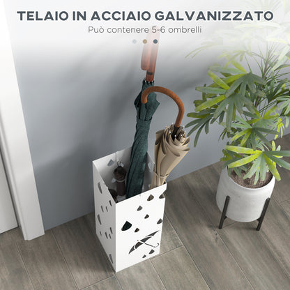 Portaombrelli in Metallo con 4 Ganci e Vaschetta Raccogligocce, 15.5x15.5x41cm, Bianco