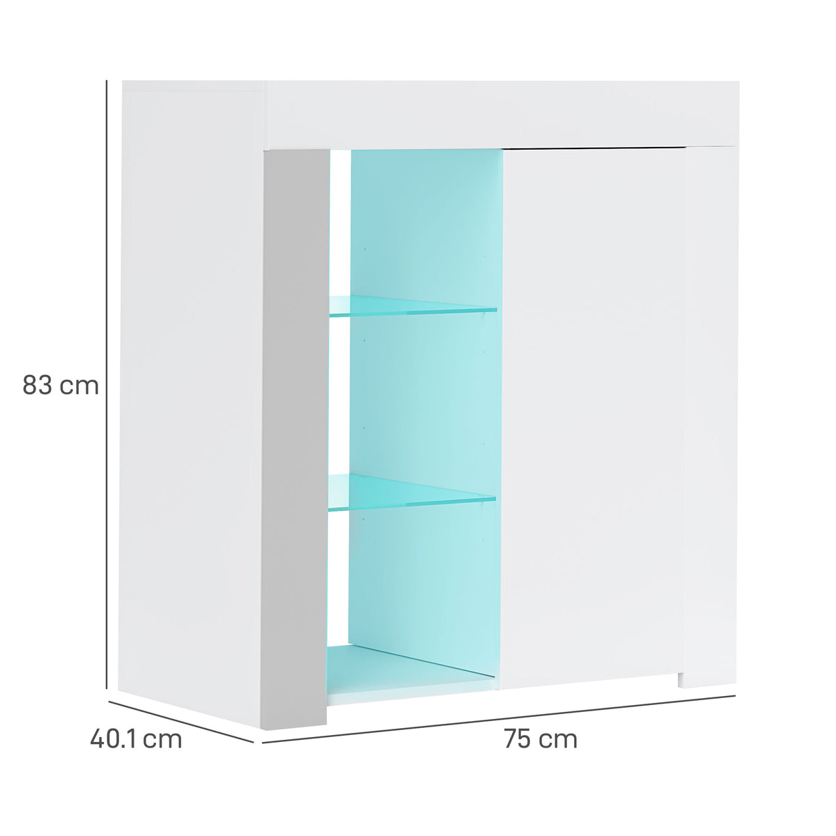 Mobile Contenitore a LED con 3 Ripiani Aperti e Armadietto a 2 Livelli, in Legno e Vetro, 75x40.1x83 cm, Bianco