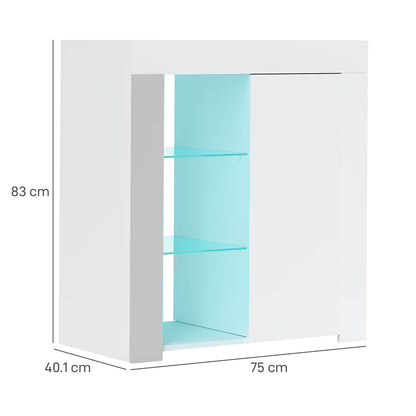 Mobile Contenitore a LED con 3 Ripiani Aperti e Armadietto a 2 Livelli, in Legno e Vetro, 75x40.1x83 cm, Bianco