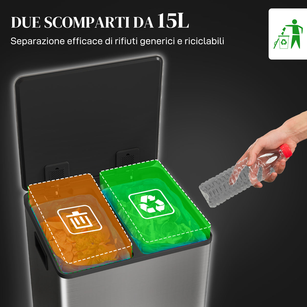 Bidone Immondizia a 2 Sezioni da 15L a Pedale con Coperchio Silenzioso, in Acciaio Inox e PP, 41.8x36.7x44 cm