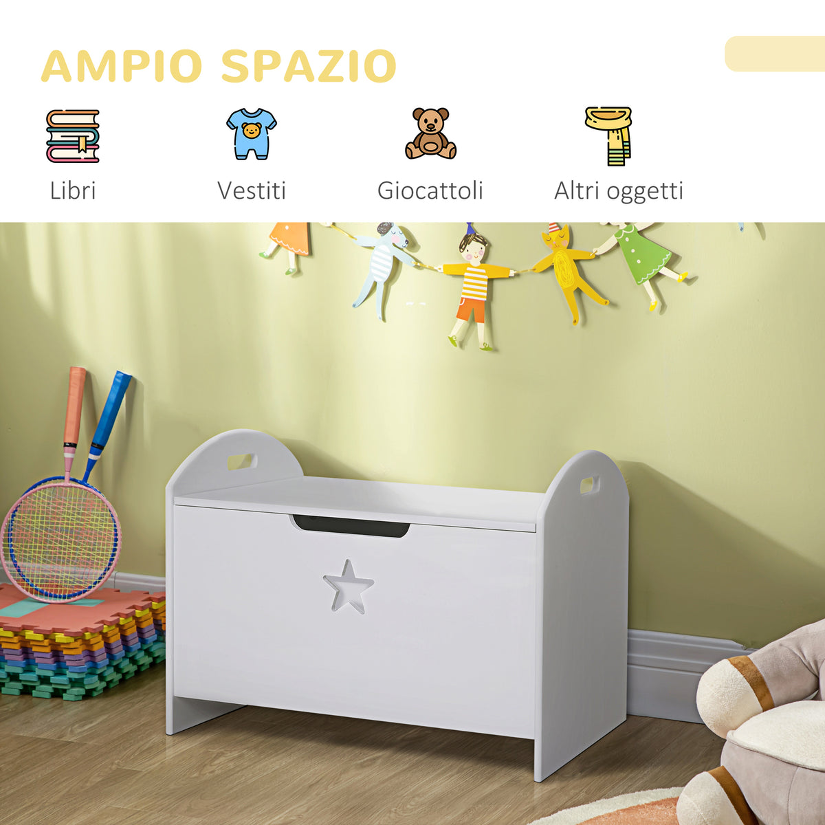 Baule Contenitore Panca Portagiochi in Legno Bianco