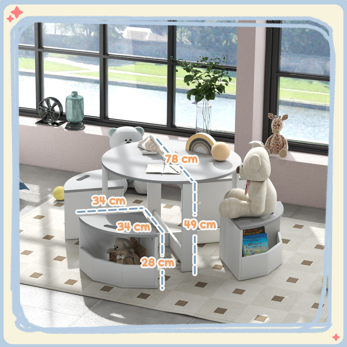 Set con Tavolo per Bambini e 4 Sgabelli Salvaspazio con Vano Contenitore in Legno, Grigio