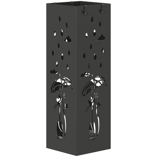 Portaombrelli Quadrato Stilizzato in Metallo con Vassoio Antigoccia Rimovibile e 4 Ganci, 15.5x15.5x49 cm, Nero