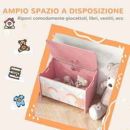 Baule Portagiochi per Bambini con Coperchio e Cerniera di Sicurezza in MDF, 60x37x39cm, Rosa