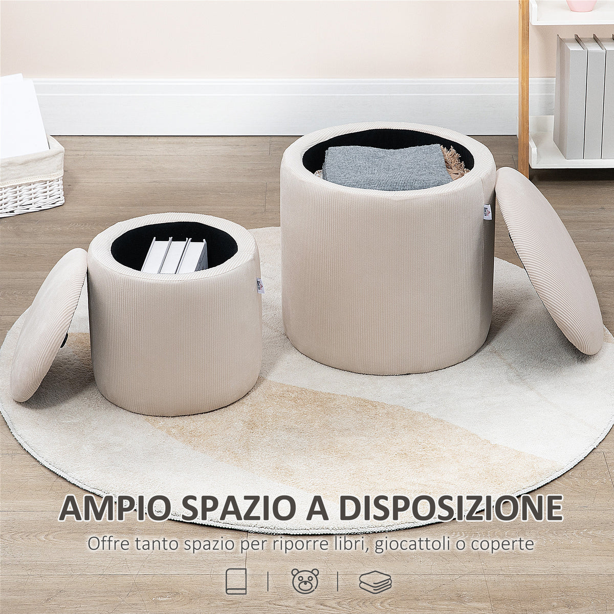 Set di 2 Pouf Contenitore Salvaspazio Rotondi e Imbottiti in Velluto a Coste, Bianco