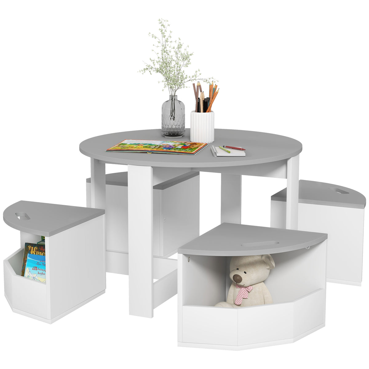 Set con Tavolo per Bambini e 4 Sgabelli Salvaspazio con Vano Contenitore in Legno, Grigio