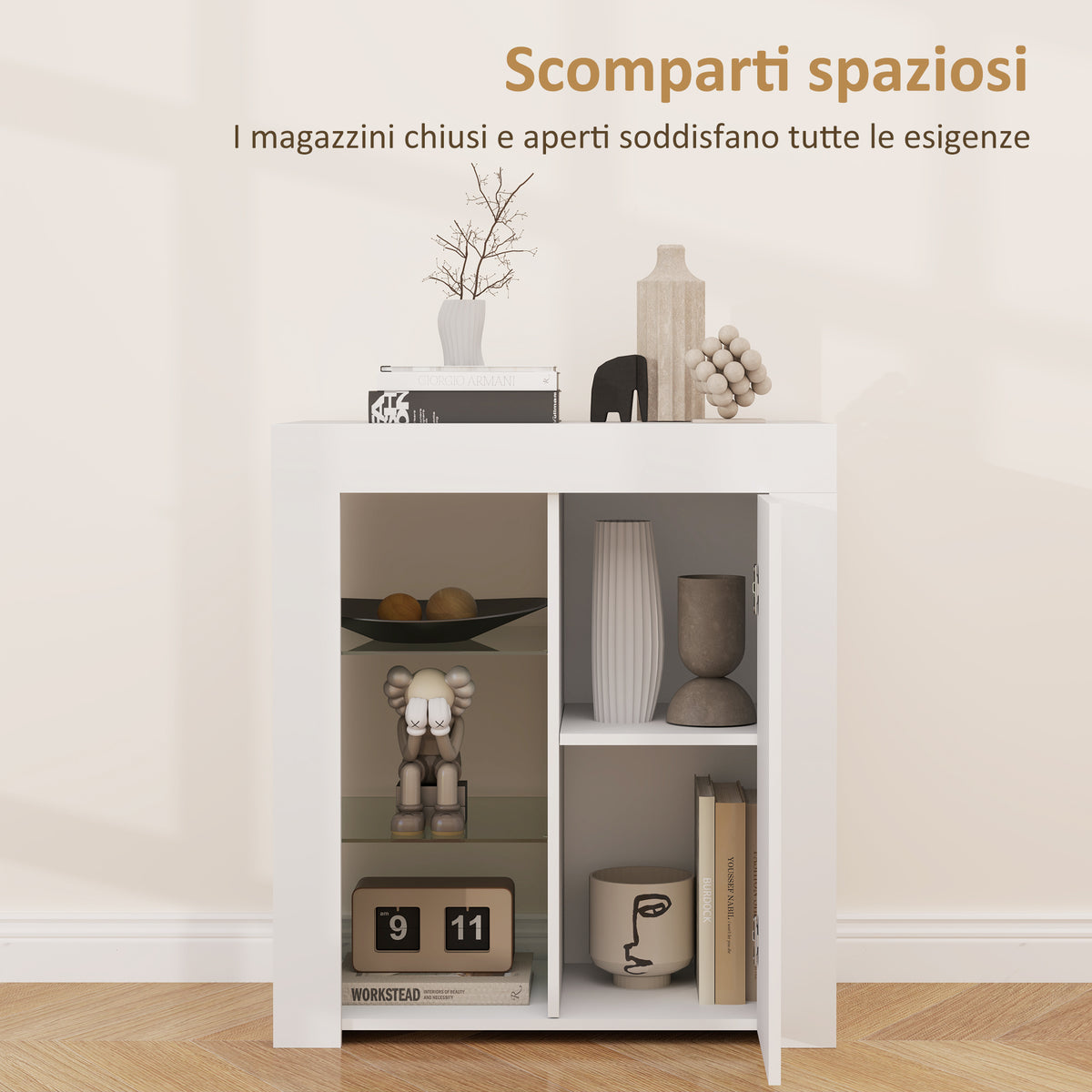 Mobile Contenitore a LED con 3 Ripiani Aperti e Armadietto a 2 Livelli, in Legno e Vetro, 75x40.1x83 cm, Bianco