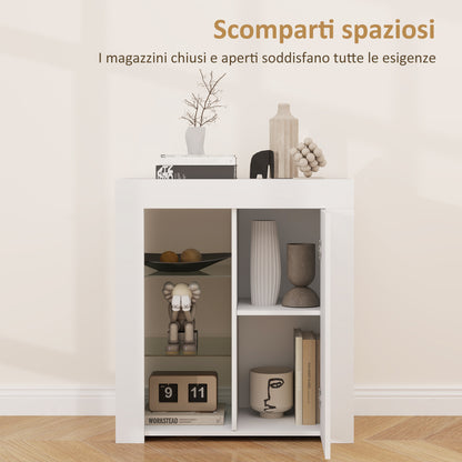 Mobile Contenitore a LED con 3 Ripiani Aperti e Armadietto a 2 Livelli, in Legno e Vetro, 75x40.1x83 cm, Bianco