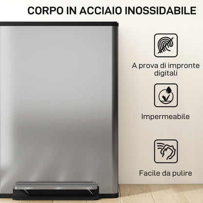Pattumiera a Pedale con 2 Scomparti da 30L, Coperchio Ammortizzato e Secchi Rimovibili, Acciaio Inox, Argento