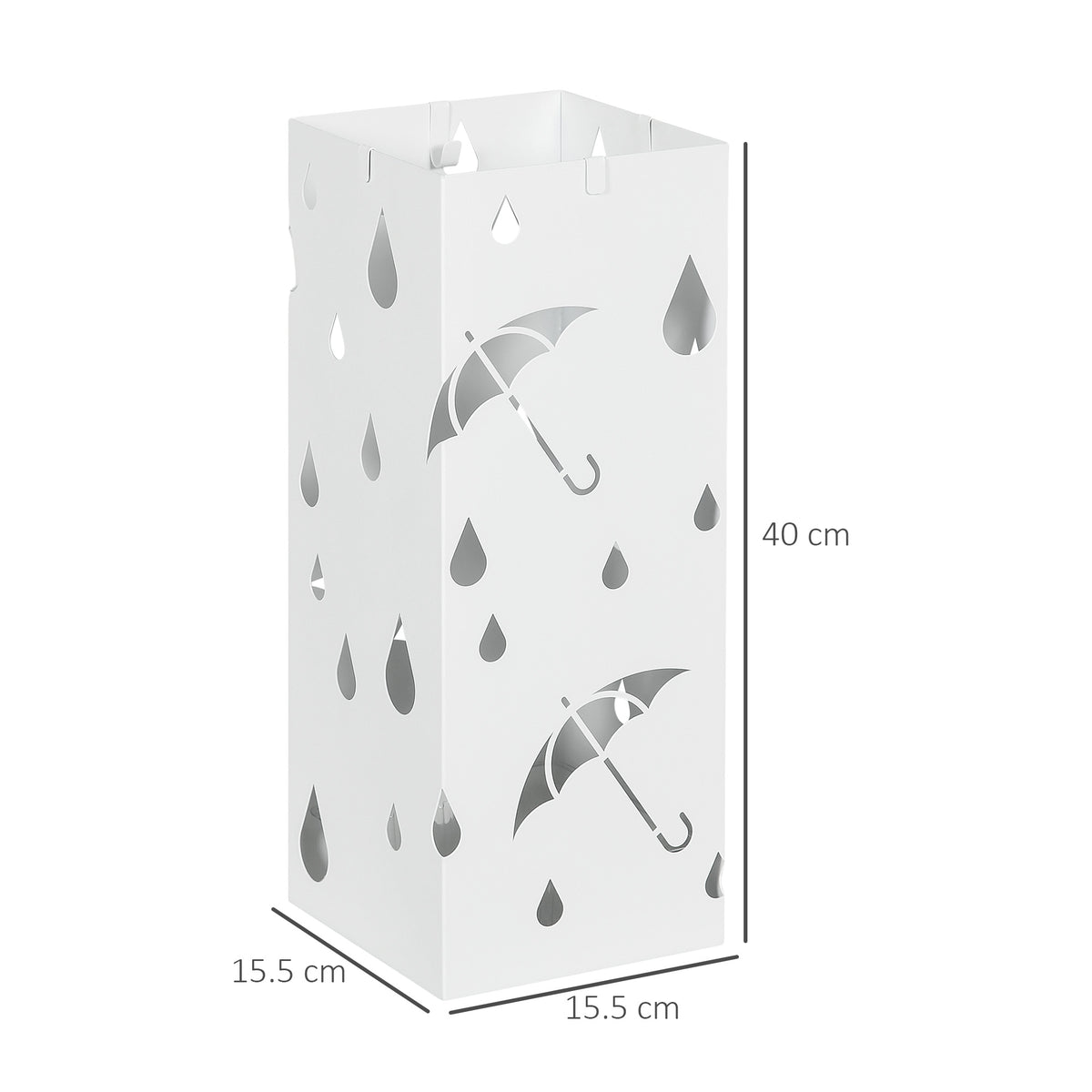 Portaombrelli in Metallo con 4 Ganci e Vaschetta Raccogligocce, 15.5x15.5x41cm, Bianco