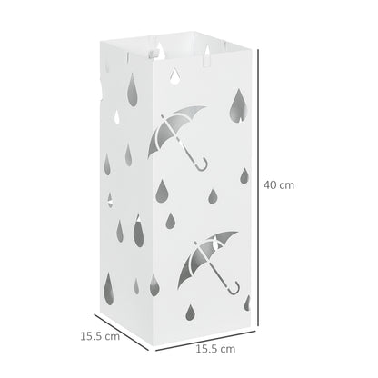 Portaombrelli in Metallo con 4 Ganci e Vaschetta Raccogligocce, 15.5x15.5x41cm, Bianco