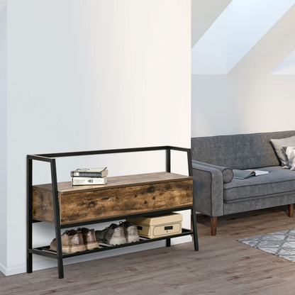 Mobile Scarpiera in Stile Industriale con Vano, Panca Scarpiera Vintage Salvaspazio in Legno e Metallo, Marrone Rustico, 90x37x60cm