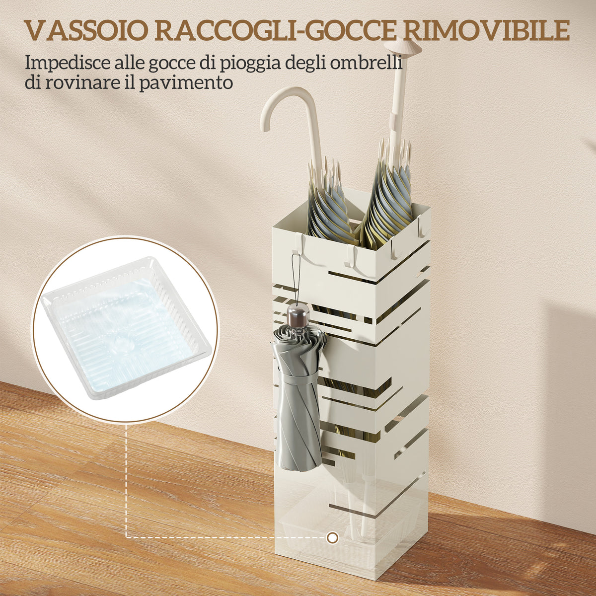 Portaombrelli Quadrato in Metallo con Vassoio Antigoccia Rimovibile e 4 Ganci, 15.5x15.5x49 cm, Beige