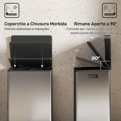 Pattumiera a Pedale con 2 Scomparti da 30L, Coperchio Ammortizzato e Secchi Rimovibili, Acciaio Inox, Argento