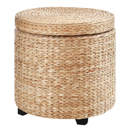 Pouf Contenitore Rotondo Stile Boho con Rivestimento Naturale, Tavolino da Salotto 43x43cm, Kaki