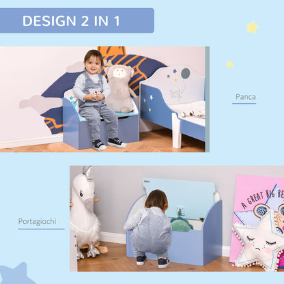 Panca Contenitore Portagiochi 2 in 1 in Legno, Cassapanca con Schienale per Bambini da 3-6 Anni, 60x30x50 cm, Blu
