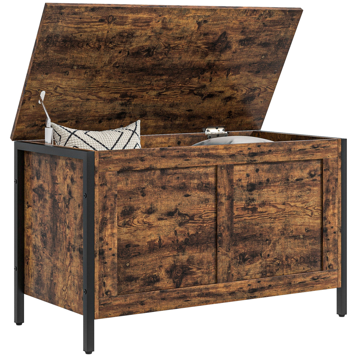 Cassapanca in Legno da 95L Stile Industriale con Coperchio e Cerniera di Sicurezza, 80x40x49cm, Marrone