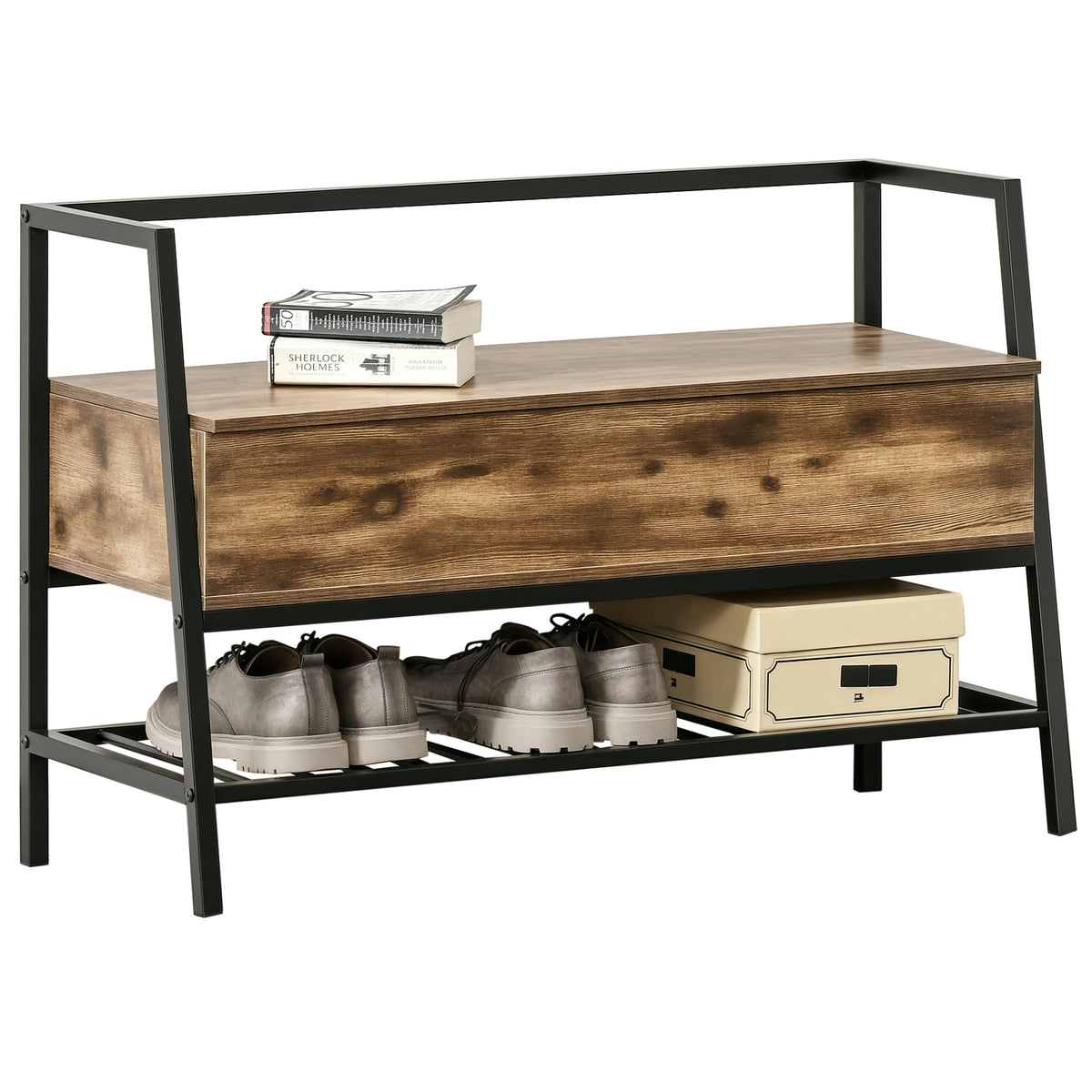 Mobile Scarpiera in Stile Industriale con Vano, Panca Scarpiera Vintage Salvaspazio in Legno e Metallo, Marrone Rustico, 90x37x60cm