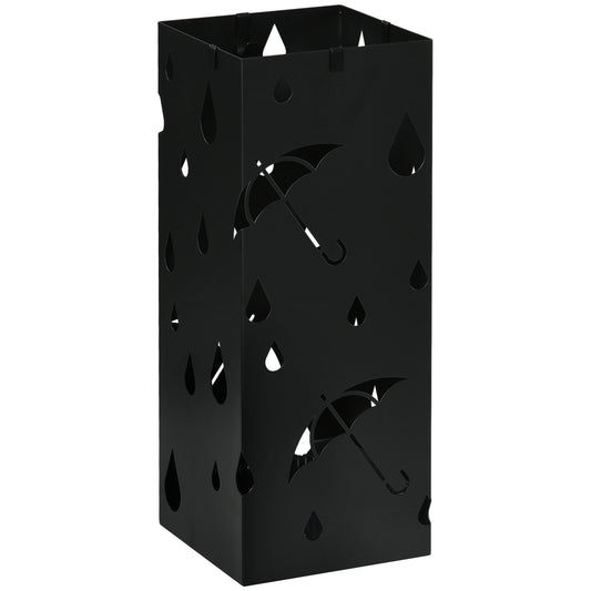 Portaombrelli in Metallo con 4 Ganci e Vaschetta Raccogligocce, 15.5x15.5x41cm, Nero