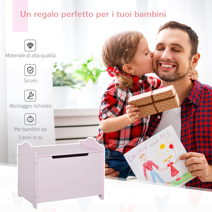 Cassapanca Portagiochi in Legno, Panca Contenitore per Cameretta Coperchio con Pistone Pneumatico, 60x40x48cm, Rosa