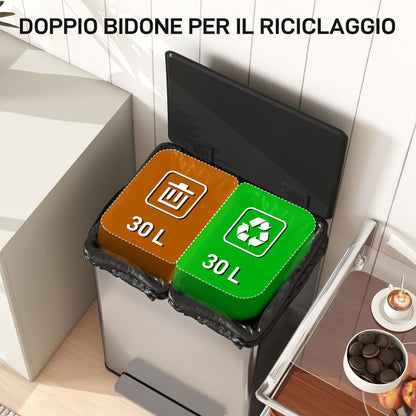 Pattumiera a Pedale con 2 Scomparti da 30L, Coperchio Ammortizzato e Secchi Rimovibili, Acciaio Inox, Argento
