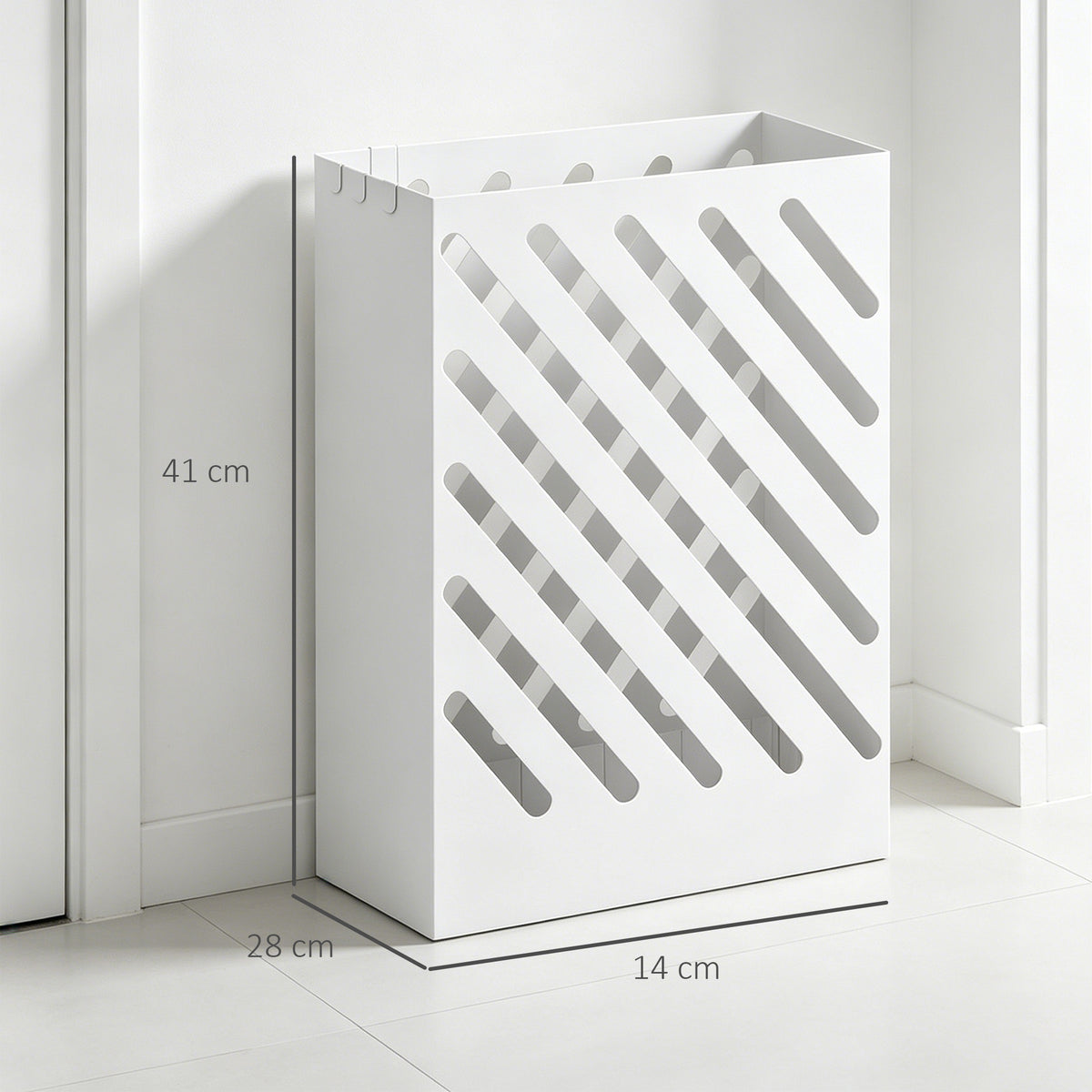Portaombrelli di Design con Vaschetta Raccogli Gocce e 4 Ganci in Metallo, 28x14x41 cm, Bianco