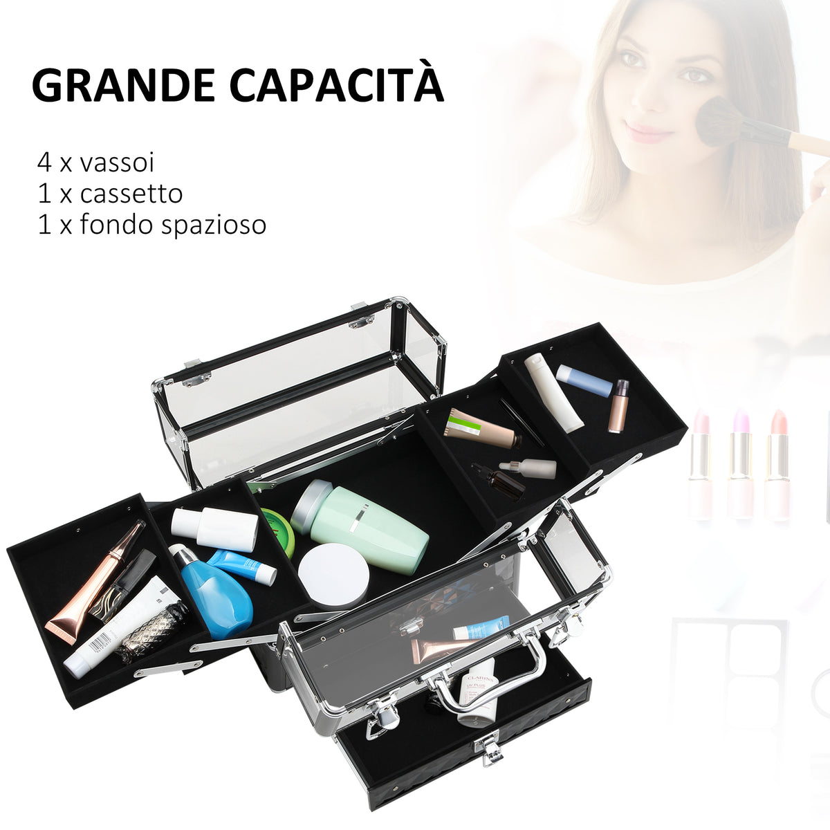 Valigetta Porta Trucchi Professionale da Viaggio, Valigetta Trucchi con Vassoi Estraibili e Serratura, per Makeup Beauty Case Donna Viaggio, 30x18.5x22 cm, Nero