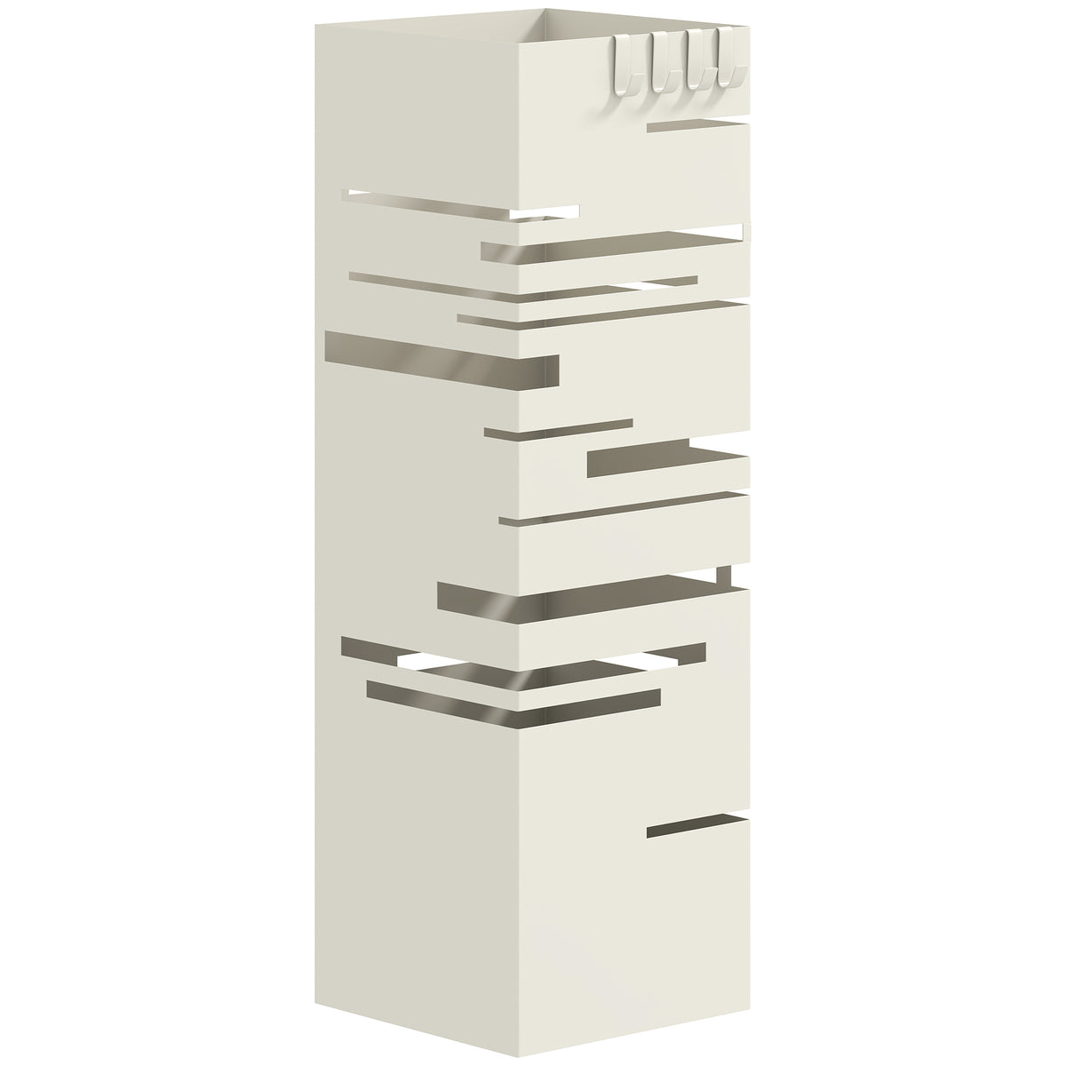 Portaombrelli Quadrato in Metallo con Vassoio Antigoccia Rimovibile e 4 Ganci, 15.5x15.5x49 cm, Beige